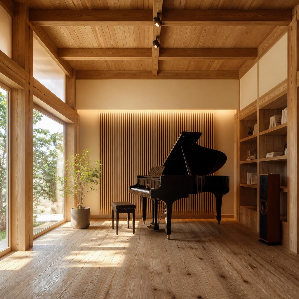 無垢の家で奏でる音楽空間<br />
「心地よい音を、静寂の中でしっかり楽しむ」